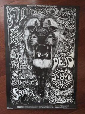 1968 Lee Conklin Grateful Dead Santana Bill Graham Fillmore Poster BG 134